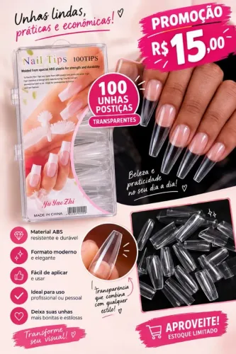 Promoção Caixa Com 100 Unhas Postiças Bailarina Transparente