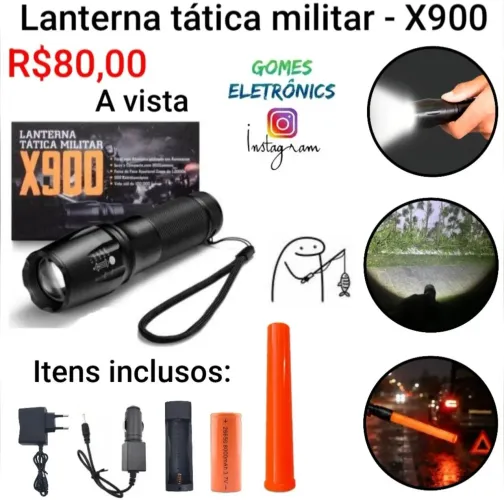 Lanterna forte de led Recarregável X900, regulagem de foco, e acessórios etc