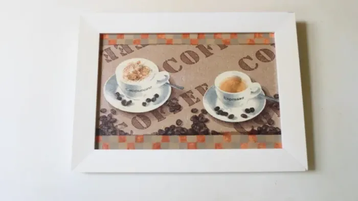 Quadro Artesanal Café ( Decoupage) - Moldura Madeira Branca  