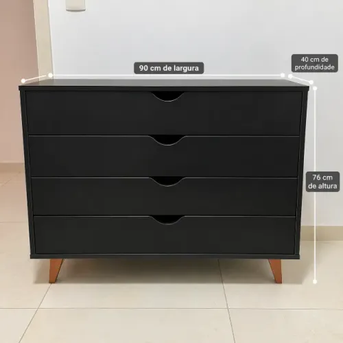 Cômoda Preta com 4 Gavetas e Pés de Madeira