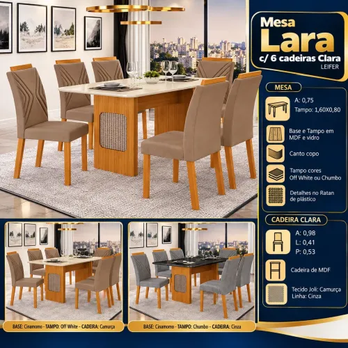 MESA LARA 160X80 C/ 6 CADEIRAS