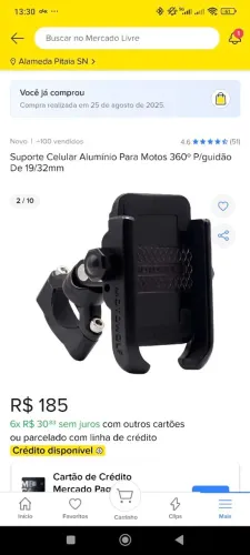 Suporte celular alumínio para motos 360 para guidão de 19/32 mm