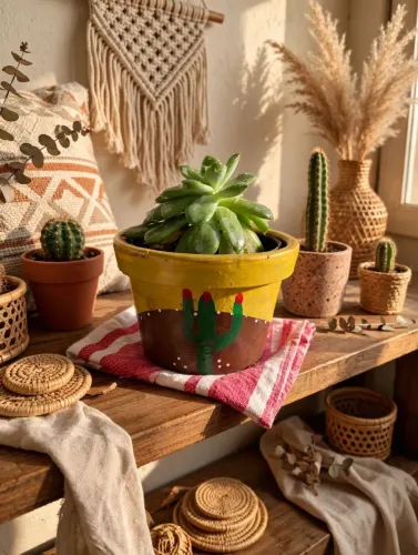 Vaso cerâmica pintado cacto com planta suculenta
