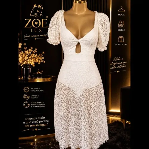 Vestido Feminino de Renda Branco com Manga Bufante - Elegante ?