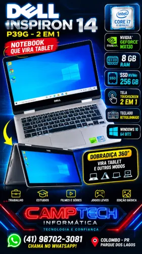 Notebook Dell, Placa de video MX130, Core i7 8ª Geração, 8GB Ram DDR4, SSD 256GB, Com To