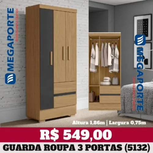 Guarda Roupa Solteiro 3 Portas 2 Gavetas com Pés (Novo) Entrega Grátis!