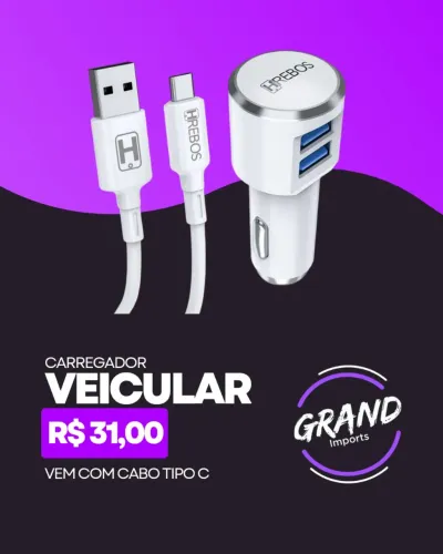 Carregador veicular acompanha cabo Tipo C