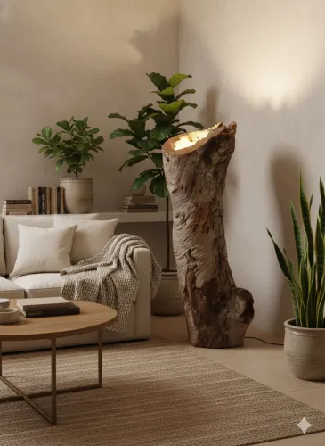 Luminária de Chão Rustica de Tronco Maciço (85cm) Design Natural e Exclusivo 