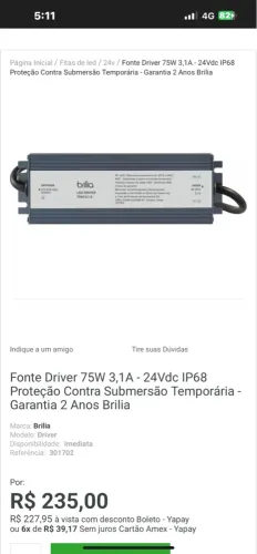 Fonte Driver 75W 3,1A - 24Vdc IP68 Brilia