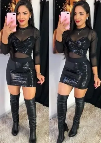 Saia curta neoprene paetê 