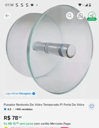 Puxador vidro têmperado para porta de blindex 