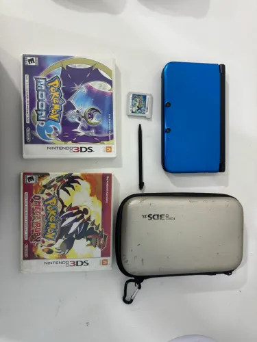 Nintendo 3DS XL Azul/Preto + Combo 3 Jogos Pokémon Físicos + Case