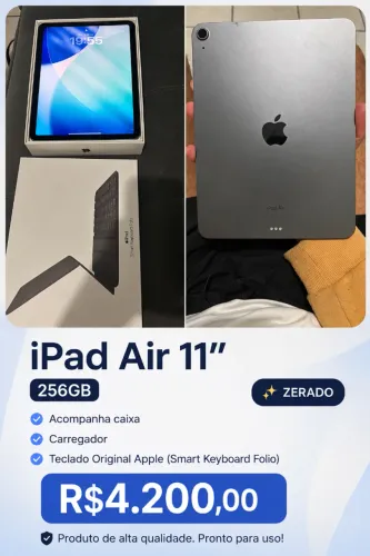 Vendo iPad Air 5 geração 256GB, IOS 26.3.1, modelo MM9L3BZ/A com teclado original