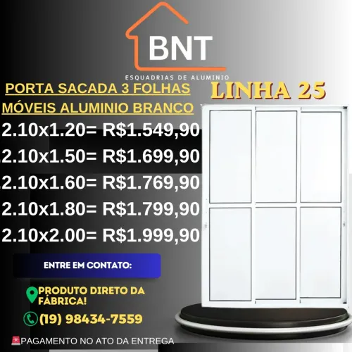 PORTA SACADA 3 FOLHAS MÓVEIS ALUMINIO BRANCO 2.10X1.20 (Linha 25)