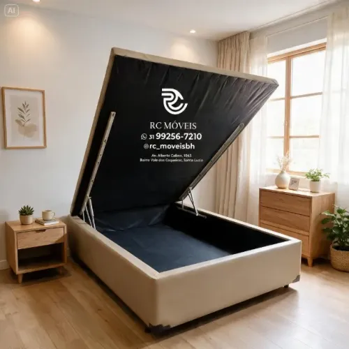 Cama Box Baú Casal 1,38x1,88 Inteiriço Pistão a Gás Suede Bege Durável