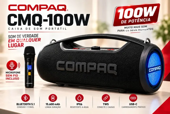 Caixa de Som Compaq CMQ-100W + Microfone Sem Fio - Som Potente