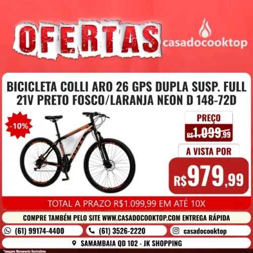 BICICLETA COLLI ARO 26 GPS DUPLA SUSP. FULL 21V PRETO FOSCO/LARANJA NEON D 148-72D