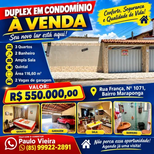 Vendo Casa Duplex Em Condomínio no Bairro Maraponga Com 03 Quartos, 03 Banheiros e 2 Vagas