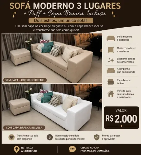 SOFÁ MODERNO 3 LUGARES + PUFF + CAPA BRANCA INCLUSA