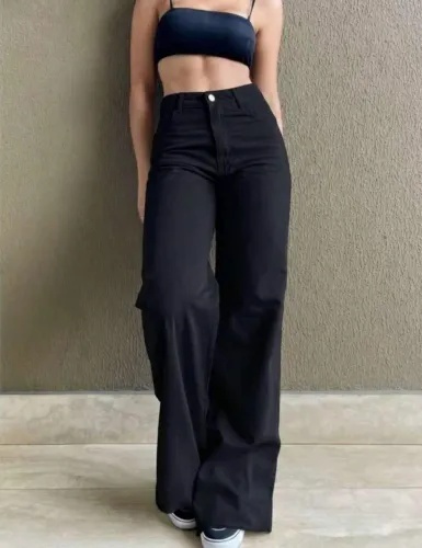 Calça Wide Leg Pantalona Jeans Feminina Cintura Alta Levanta Bumbum