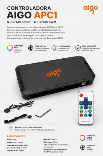 Controladora ARGB Aigo APC1 Hub 6 Portas ARGB + 6 PWM 5V/12V