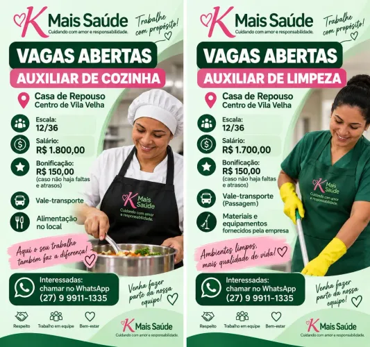 Vagas: Auxiliar de Cozinha e Auxiliar de Limpeza - Vila Velha