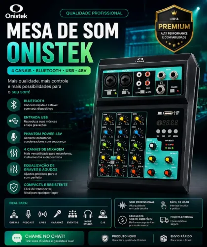 MESA DE SOM ONISTEK 4 CANAIS COM BLUETOOTH + USB + PHANTOM POWER 48V