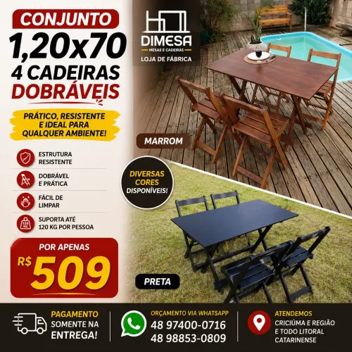 Mesa 1,20x70 com 4 cadeiras dobráveis , preta ou imbuia