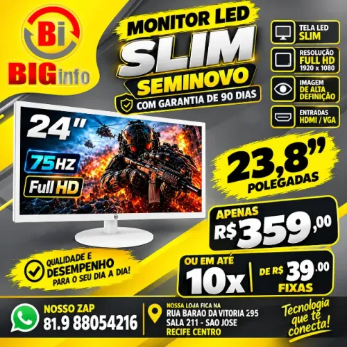 Monitor Led 23,8 Tela Plana 75hz Full Hd Branco Hdmi Vesa - Em ate 10x Fixas 