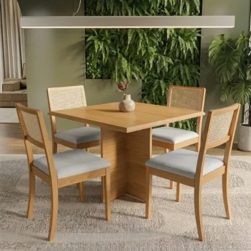 Mesa Pérola 90 Imbuia Mel (Tampo Viena s/vidro) com 4 Cadeiras Lola Linho