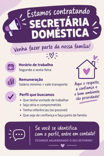 Vaga para Empregada Doméstica - Segunda a Sexta | Salário mínimo + VT