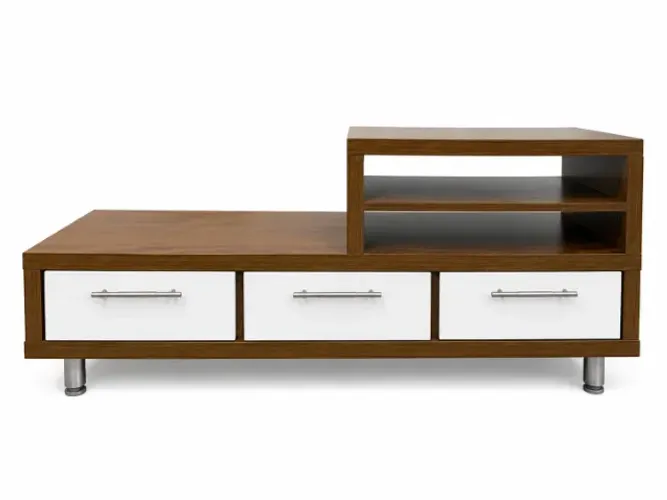 Rack em madeira escura e branco com 2 níveis e 3 gavetas (1,73m x 0,55m)