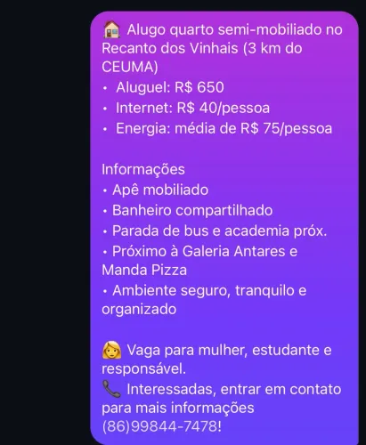 Alugo quarto p/ meninas