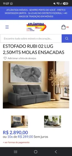 Estofado Rubi na cor cinza com 2,50 metros e meio e molas ensacadas