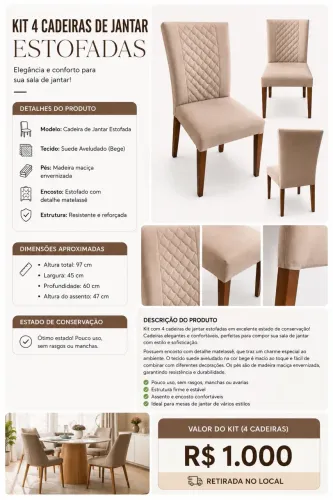 4 Cadeiras de Jantar Estofadas em Suede Bege - Excelente Estado