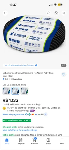 Promoção de cabo elétrico 10 mm 100% cobre