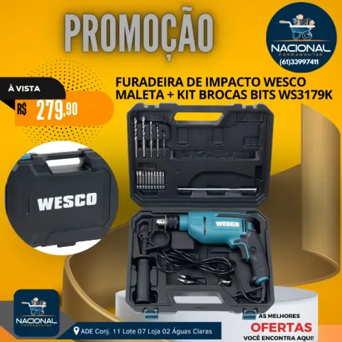 FURADEIRA DE IMPACTO WESCO MALETA + KIT BROCAS BITS WS3179K