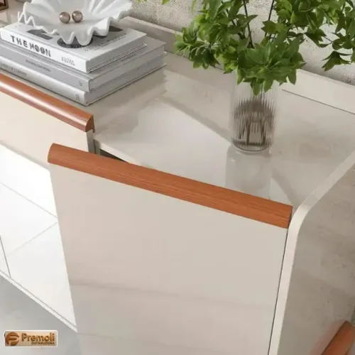 Buffet Aparador Elegance com 4 Portas Pé e puxadores em madeira Off White/Jequitiba - Luka