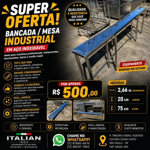 Bancada (Mesa) Industrial Estreita de Aço Inox de 2,66m