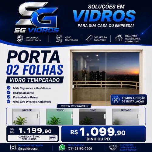 PORTA VIDRO TEMPERADO INCOLOR 02 FOLHAS 2.10X1.60m