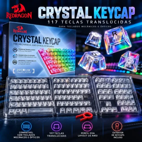 Kit Keycaps Redragon Crystal Translúcidas - 117 Teclas para Teclado Gamer